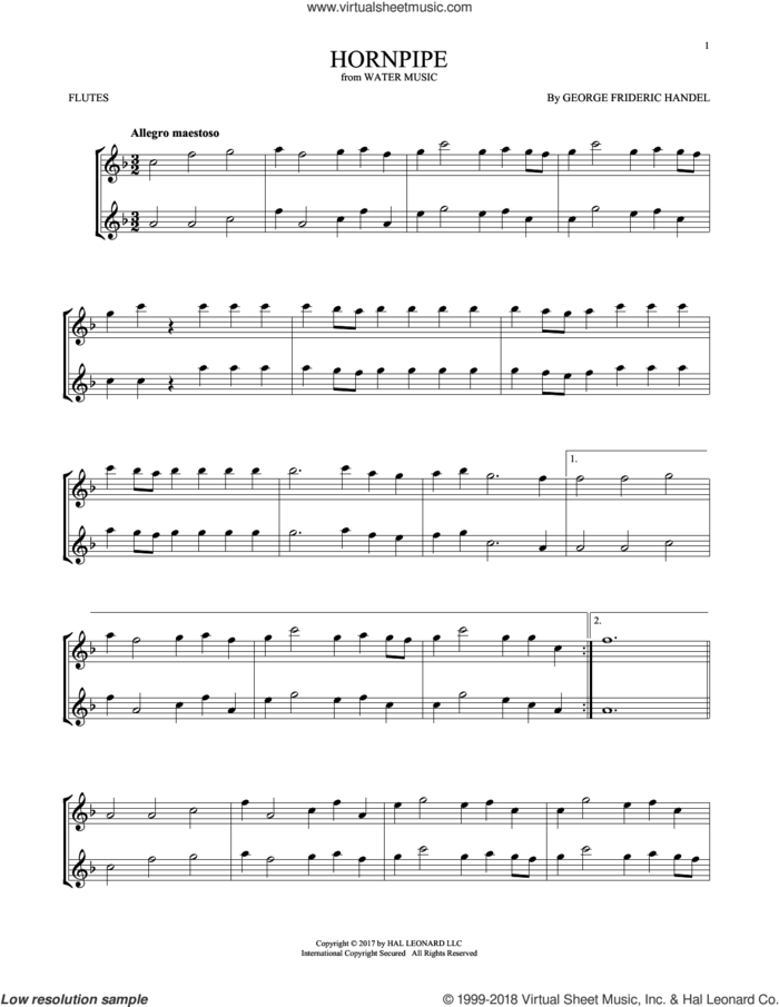 Hornpipe sheet music for two flutes (duets) by George Frideric Handel, classical score, intermediate skill level