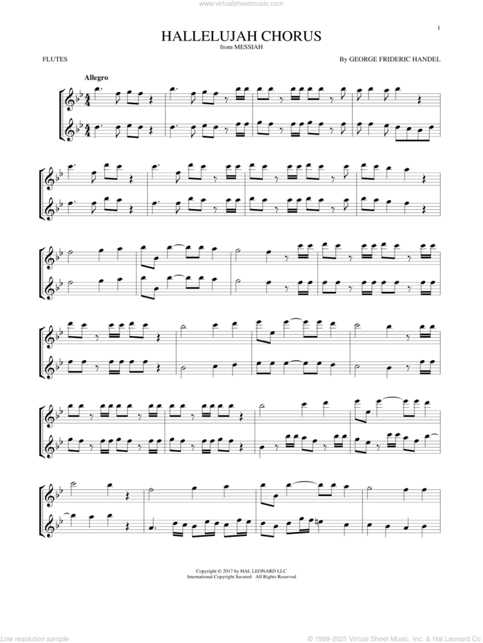 Handel Hallelujah Chorus sheet music for two flutes (duets)
