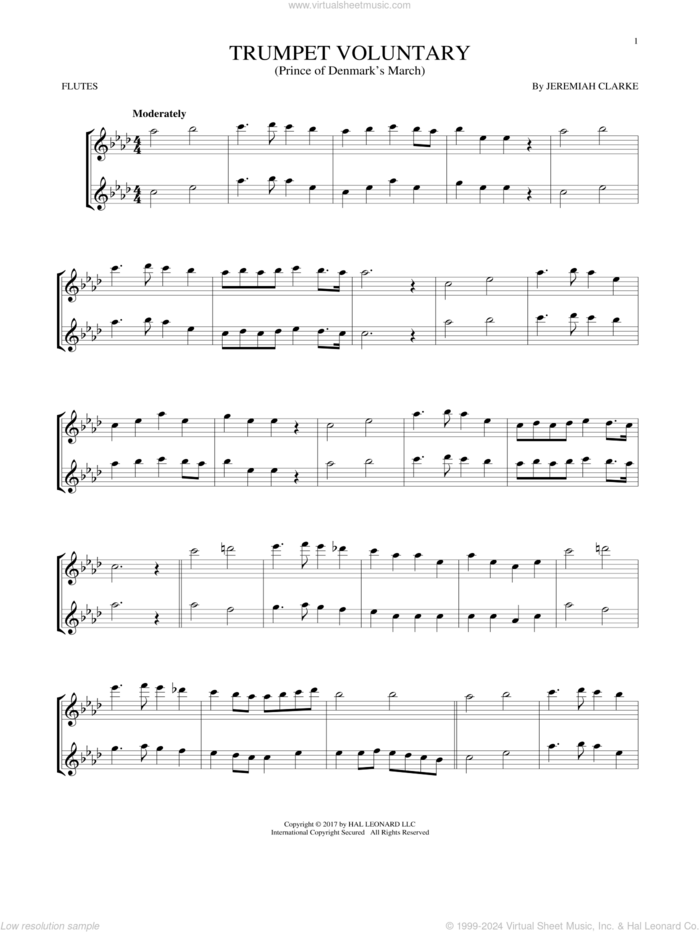 Trumpet Voluntary sheet music for two flutes (duets) by Jeremiah Clarke, classical score, intermediate skill level