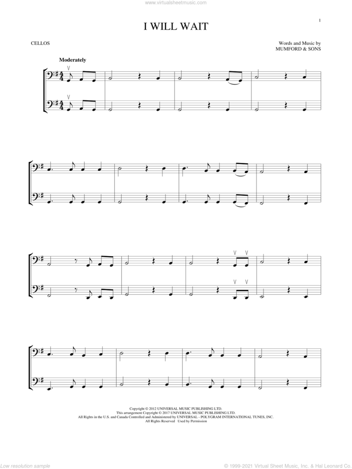 I Will Wait sheet music for two cellos (duet, duets) by Mumford & Sons, intermediate skill level