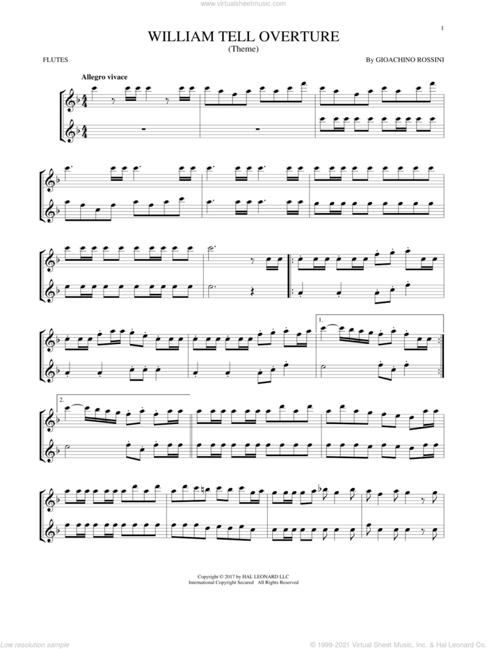 William Tell Overture sheet music for two flutes (duets) by Rossini, Gioacchino, classical score, intermediate skill level