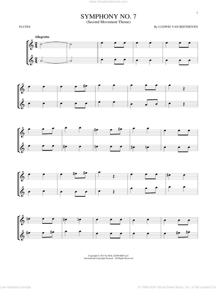 Symphony No. 7 In A Major, Second Movement (Allegretto) sheet music for two flutes (duets) by Ludwig van Beethoven, classical score, intermediate skill level