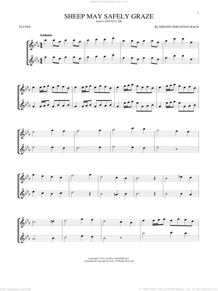 Sheep May Safely Graze sheet music for two flutes (duets) by Johann Sebastian Bach, classical score, intermediate skill level