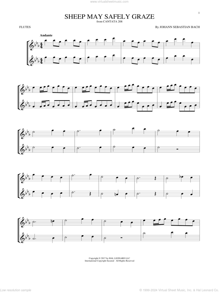 Sheep May Safely Graze sheet music for two flutes (duets) by Johann Sebastian Bach, classical score, intermediate skill level