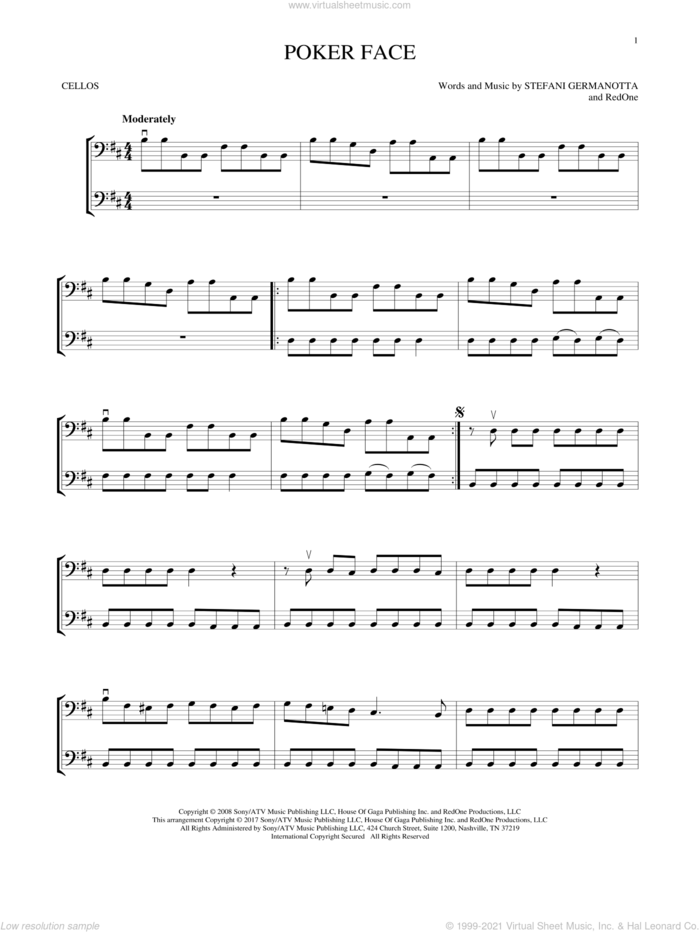Poker Face sheet music for two cellos (duet, duets) by Lady Gaga and RedOne, intermediate skill level