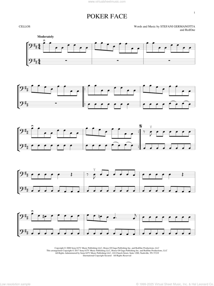 Poker Face sheet music for two cellos (duet, duets) by Lady Gaga and RedOne, intermediate skill level