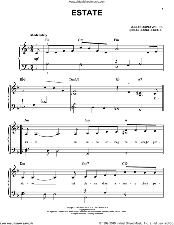 Estate sheet music for piano solo by Bruno Brighetti and Bruno Martino, easy skill level