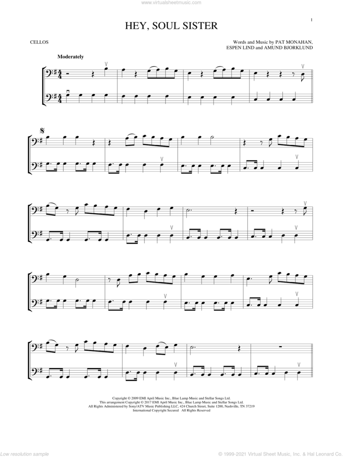 Hey, Soul Sister sheet music for two cellos (duet, duets) by Train, Amund Bjorklund, Espen Lind and Pat Monahan, intermediate skill level