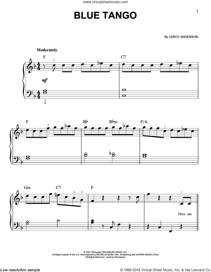 Blue Tango sheet music for piano solo by Leroy Anderson, easy skill level