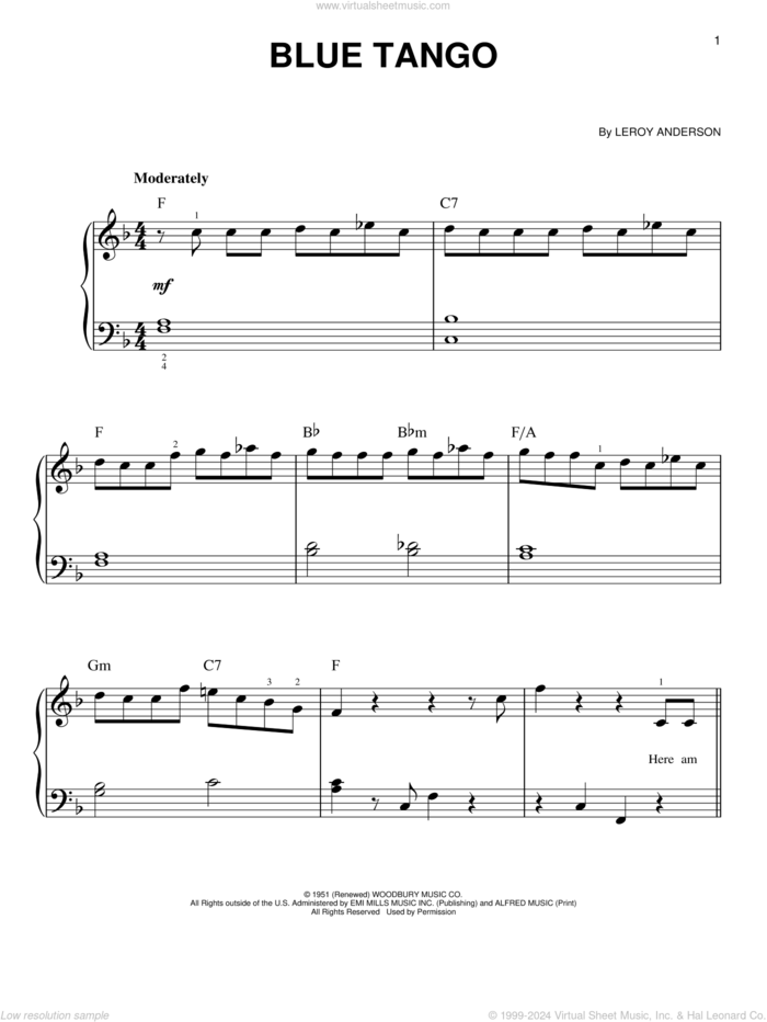 Blue Tango sheet music for piano solo by Leroy Anderson, easy skill level