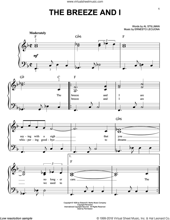 The Breeze And I sheet music for piano solo by Caterina Valente, Al Stillman and Ernesto Lecuona, easy skill level