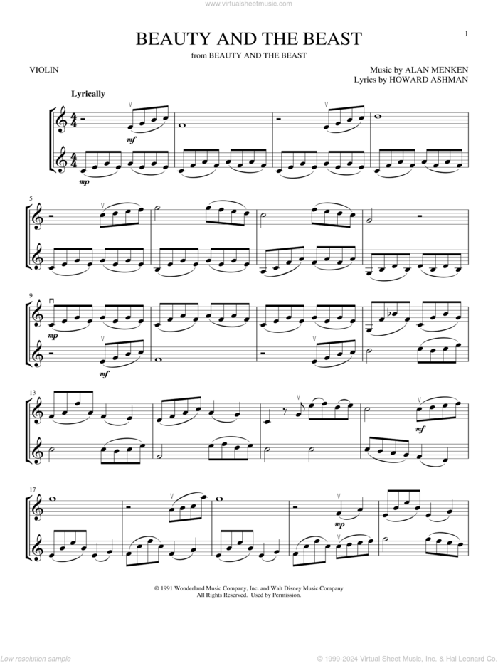 Beauty And The Beast sheet music for two violins (duets, violin duets) by Celine Dion & Peabo Bryson, Alan Menken and Howard Ashman, wedding score, intermediate skill level