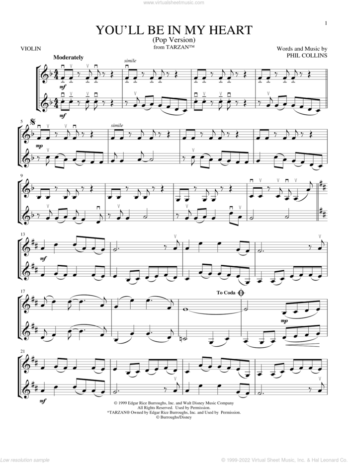 You'll Be In My Heart sheet music for two violins (duets, violin duets) by Phil Collins, intermediate skill level