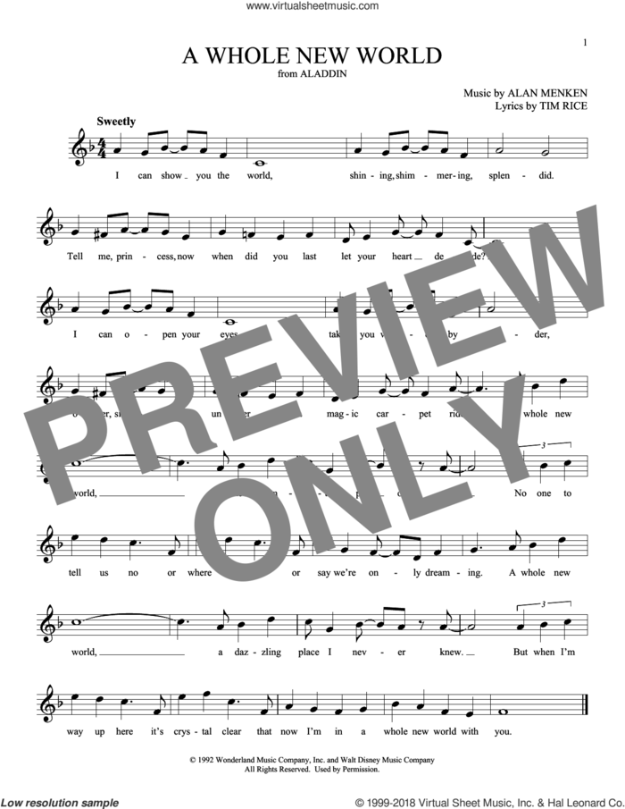 A Whole New World (from Aladdin) sheet music for ocarina solo by Alan Menken, Alan Menken & Tim Rice and Tim Rice, wedding score, intermediate skill level