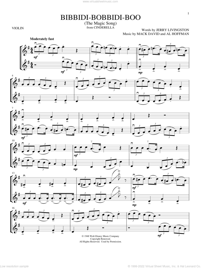 Bibbidi-Bobbidi-Boo (The Magic Song) (from Cinderella) sheet music for two violins (duets, violin duets) by Verna Felton, Al Hoffman, Jerry Livingston and Mack David, intermediate skill level