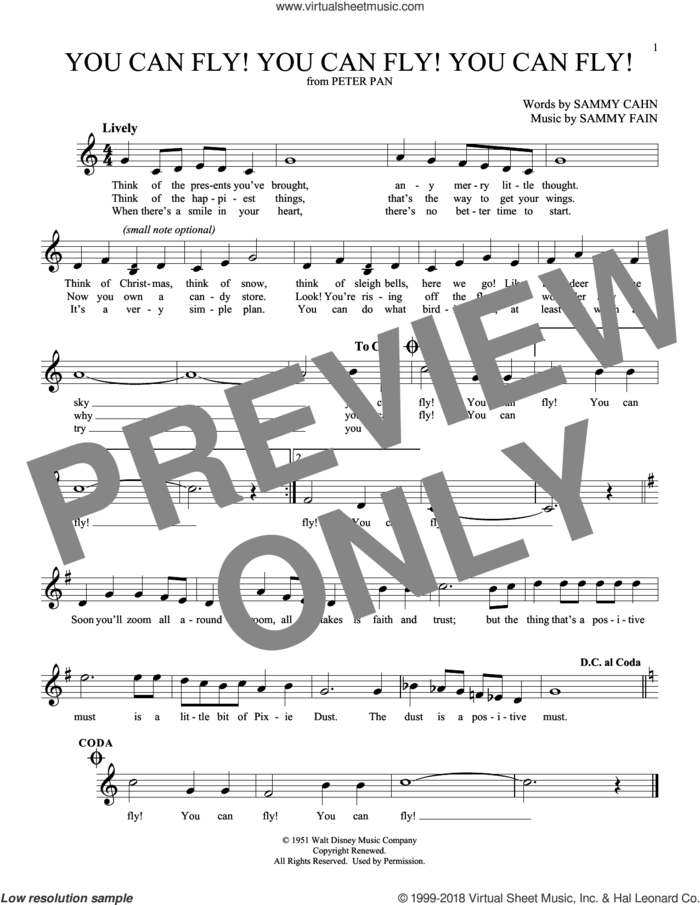 You Can Fly! You Can Fly! You Can Fly! (from Peter Pan) sheet music for ocarina solo by Sammy Cahn and Sammy Fain, intermediate skill level