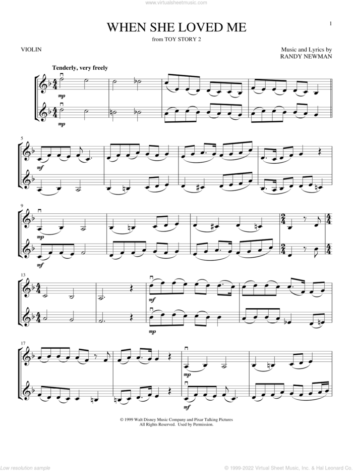 When She Loved Me (from Toy Story 2) sheet music for two violins (duets, violin duets) by Sarah McLachlan and Randy Newman, intermediate skill level