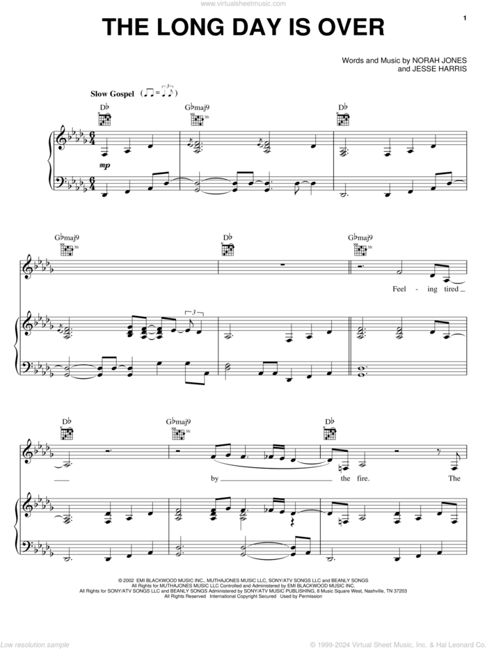 The Long Day Is Over sheet music for voice, piano or guitar by Norah Jones and Jesse Harris, intermediate skill level