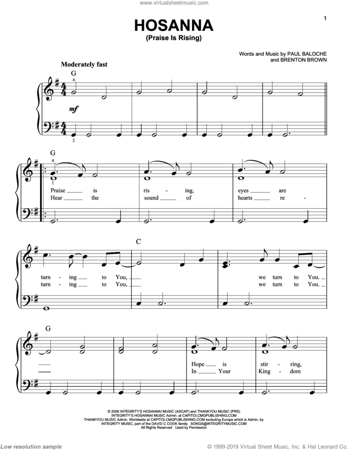 Hosanna (Praise Is Rising), (easy) sheet music for piano solo by Paul Baloche and Brenton Brown, easy skill level