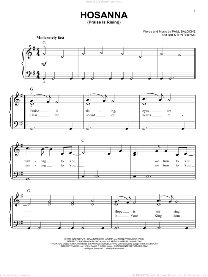 Hosanna (Praise Is Rising) sheet music for piano solo by Paul Baloche and Brenton Brown, easy skill level