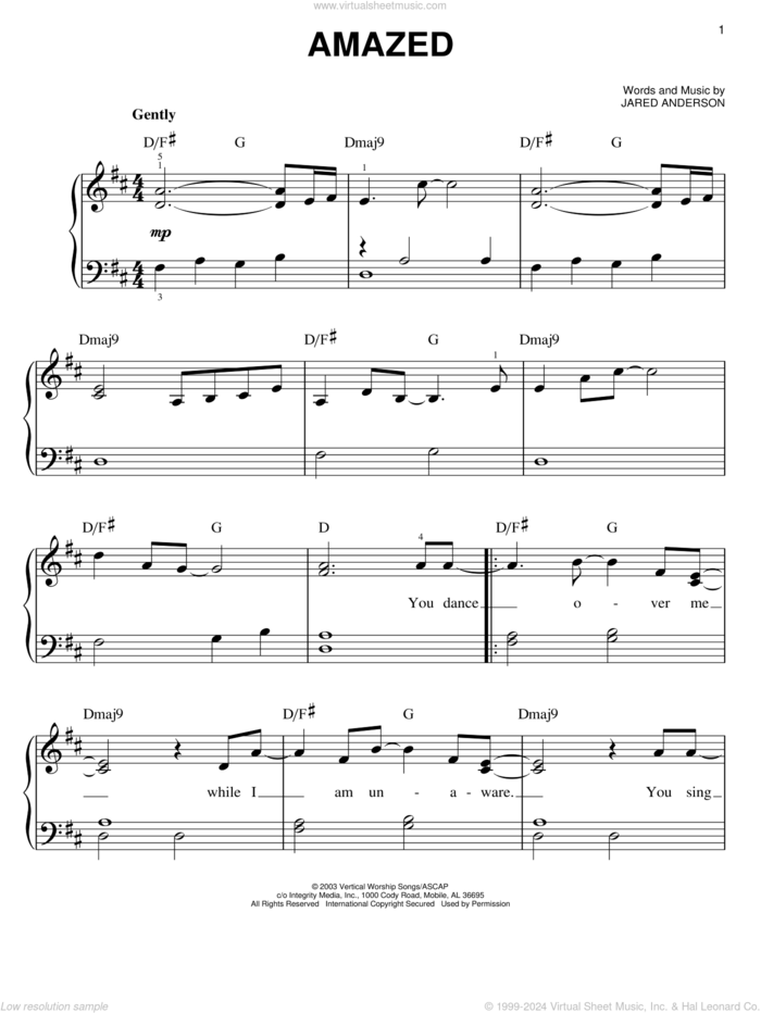 Amazed sheet music for piano solo by Phillips, Craig & Dean and Jared Anderson, easy skill level