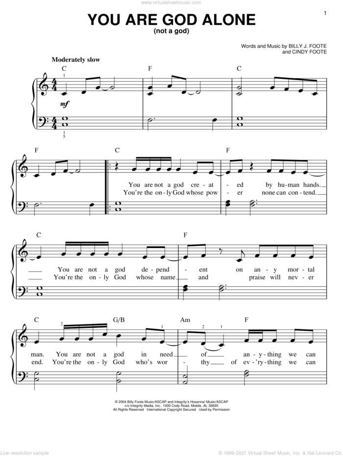 You Are God Alone (Not A God) sheet music for piano solo by Phillips, Craig & Dean, Billy J. Foote and Cindy Foote, easy skill level