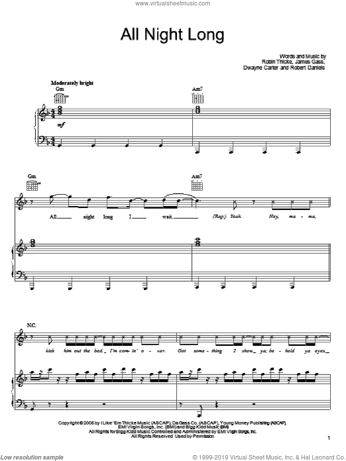 All Night Long sheet music for voice, piano or guitar by Robin Thicke, Dwayne Carter, James Gass and Robert Daniels, intermediate skill level
