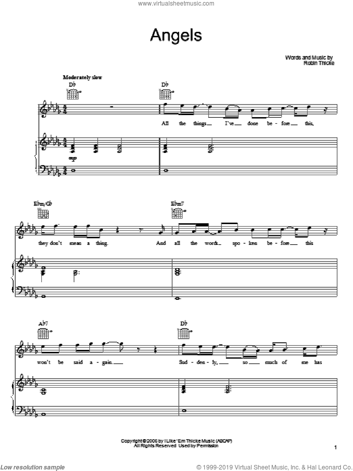 Angels sheet music for voice, piano or guitar by Robin Thicke, intermediate skill level