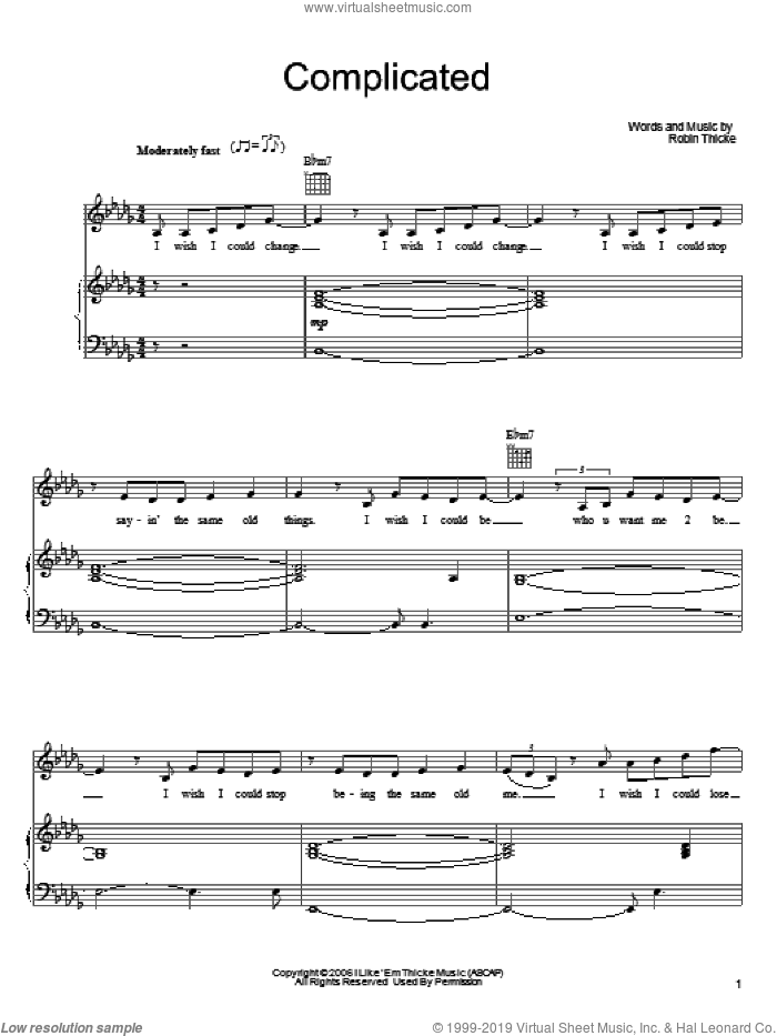 Complicated sheet music for voice, piano or guitar by Robin Thicke, intermediate skill level