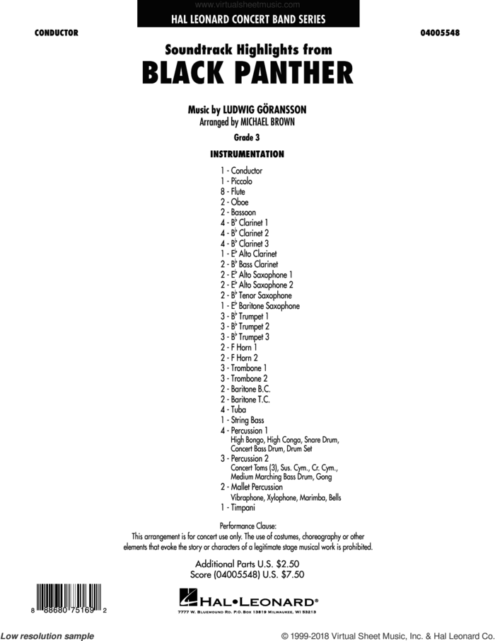 Soundtrack Highlights from Black Panther (COMPLETE) sheet music for concert band by Michael Brown and Ludwig Goransson and Ludwig Goransson, intermediate skill level