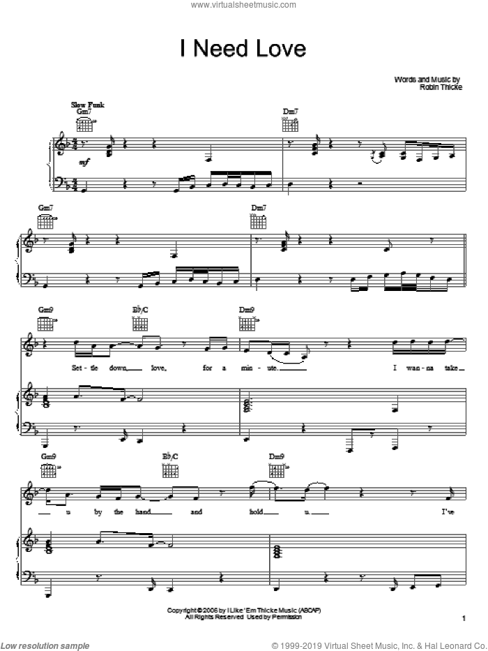 I Need Love sheet music for voice, piano or guitar by Robin Thicke, intermediate skill level