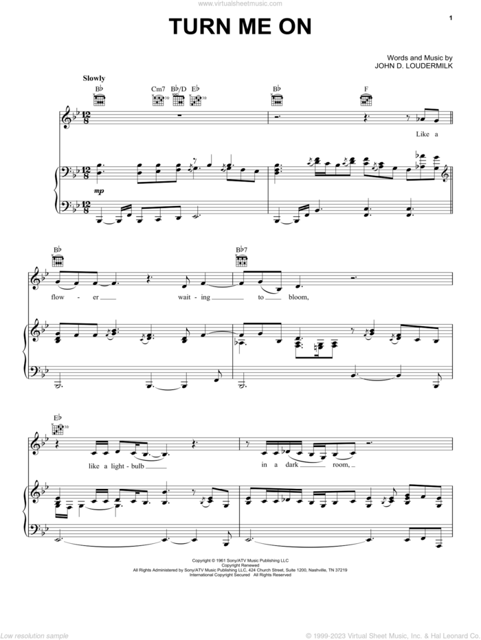 Turn Me On sheet music for voice, piano or guitar by Norah Jones and John D. Loudermilk, intermediate skill level