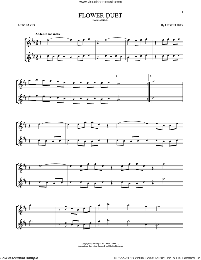 Flower Duet sheet music for two alto saxophones (duets) by Leo Delibes and Leo Delibes, classical score, intermediate skill level
