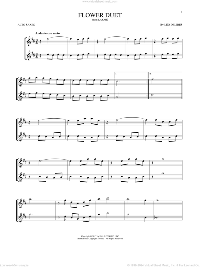 Flower Duet sheet music for two alto saxophones (duets) by Leo Delibes and Leo Delibes, classical score, intermediate skill level