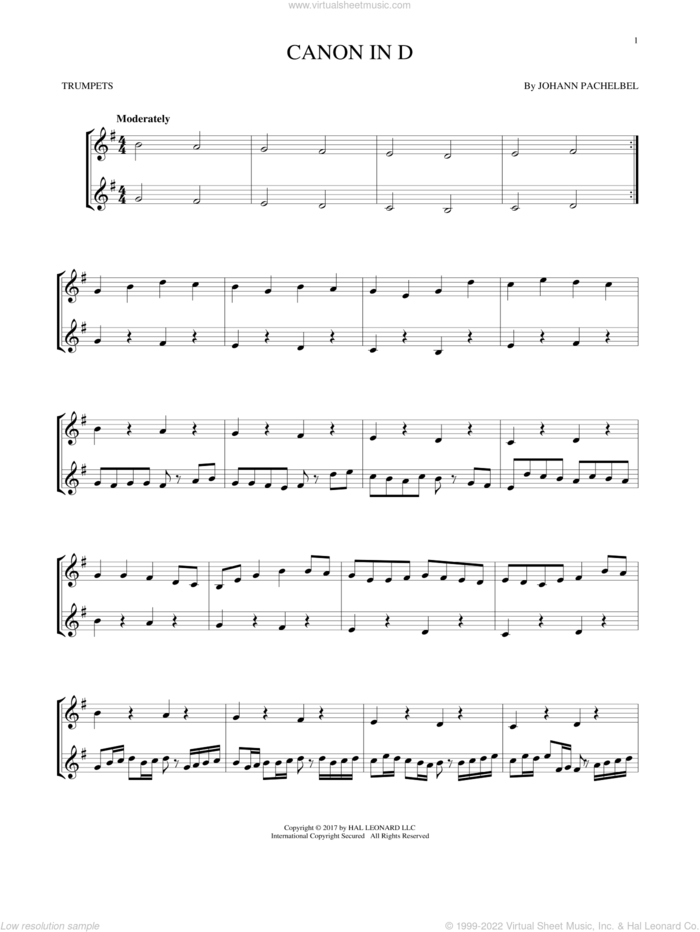 Canon In D sheet music for two trumpets (duet, duets) by Johann Pachelbel, classical wedding score, intermediate skill level