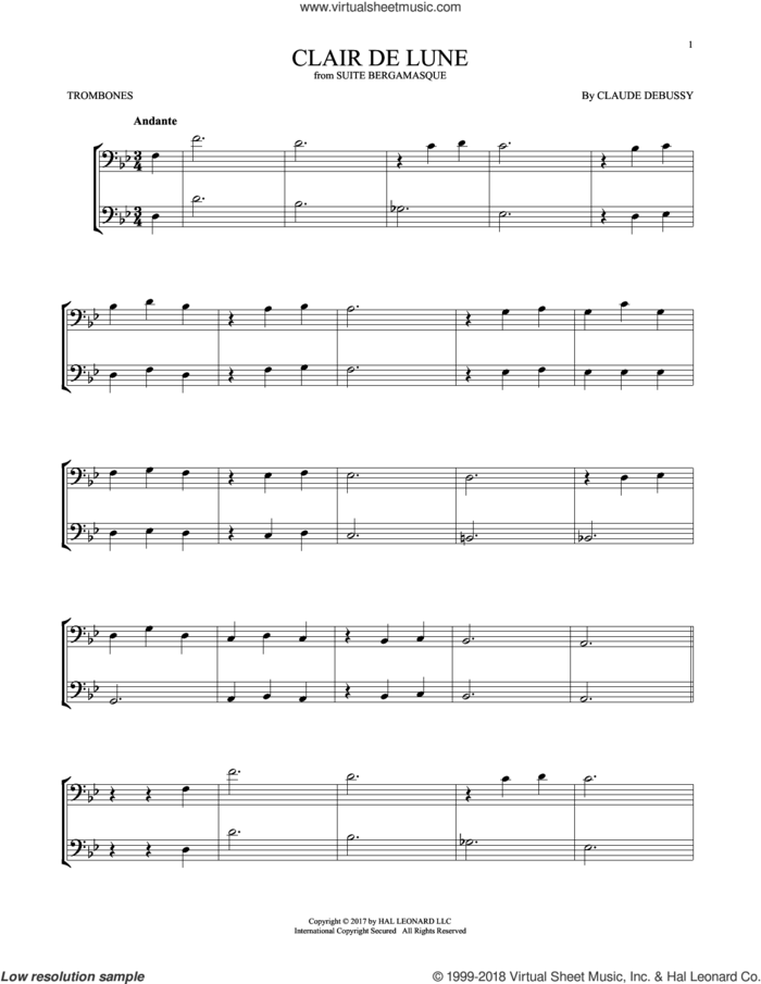 Clair De Lune sheet music for two trombones (duet, duets) by Claude Debussy, classical score, intermediate skill level