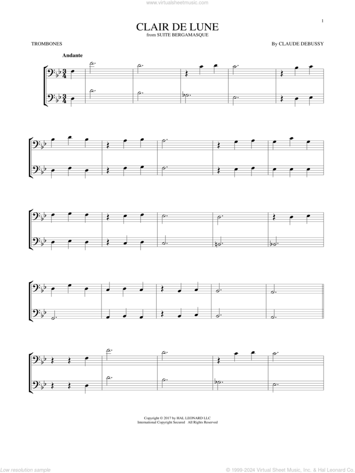 Clair De Lune sheet music for two trombones (duet, duets) by Claude Debussy, classical wedding score, intermediate skill level