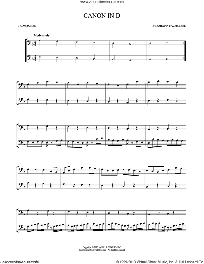 Canon In D sheet music for two trombones (duet, duets) by Johann Pachelbel, classical wedding score, intermediate skill level