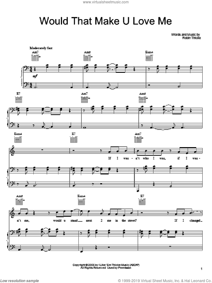 Would That Make U Love Me sheet music for voice, piano or guitar by Robin Thicke, intermediate skill level
