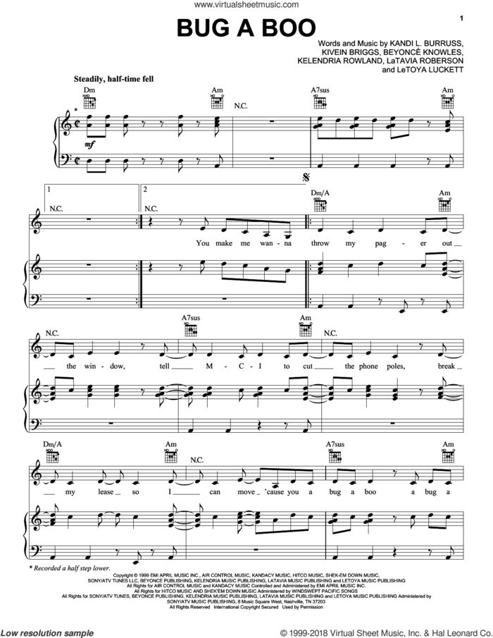 Bug A Boo sheet music for voice, piano or guitar by Destiny's Child, Beyonce Knowles, Beyonce, Kandi L. Burruss, Kelendria Rowland, Kevin Briggs, LaTavia Roberson and LeToya Luckett, intermediate skill level