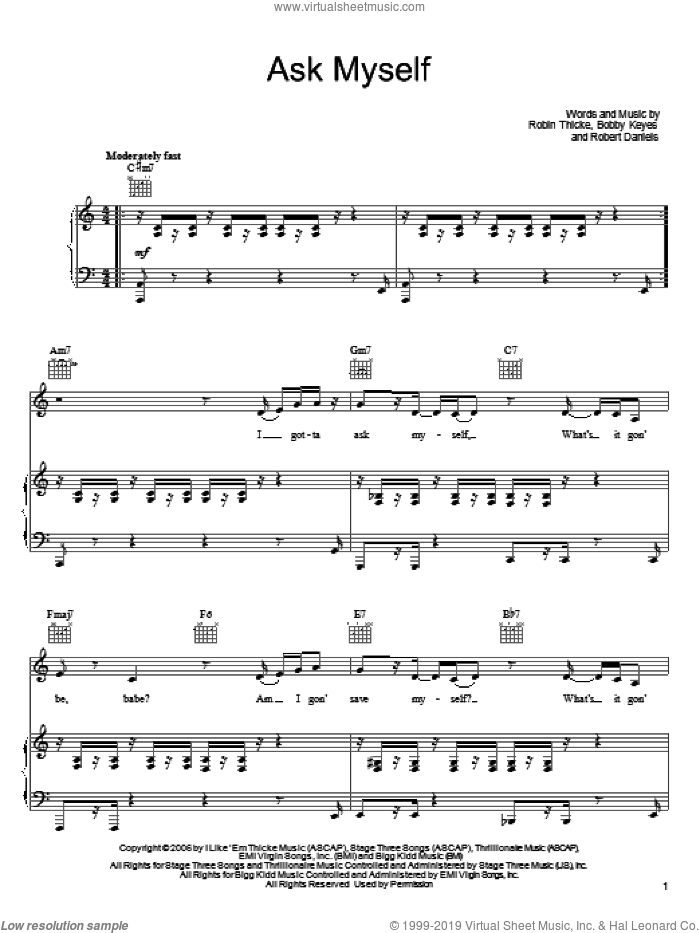 Ask Myself sheet music for voice, piano or guitar by Robin Thicke, Bobby Keyes and Robert Daniels, intermediate skill level