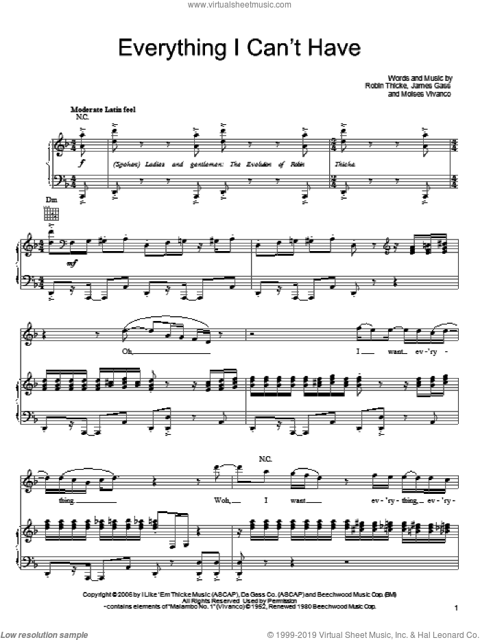 Everything I Can't Have sheet music for voice, piano or guitar by Robin Thicke, James Gass and Moises Vivanco, intermediate skill level