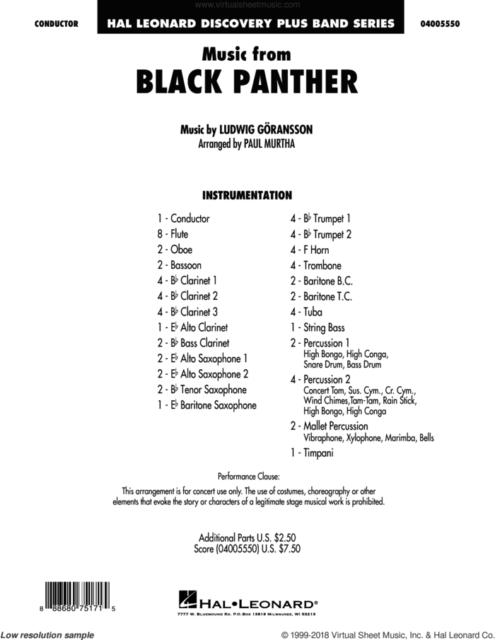 Music from 'Black Panther' (COMPLETE) sheet music for concert band by Paul Murtha and Ludwig Goransson and Ludwig Goransson, classical score, intermediate skill level