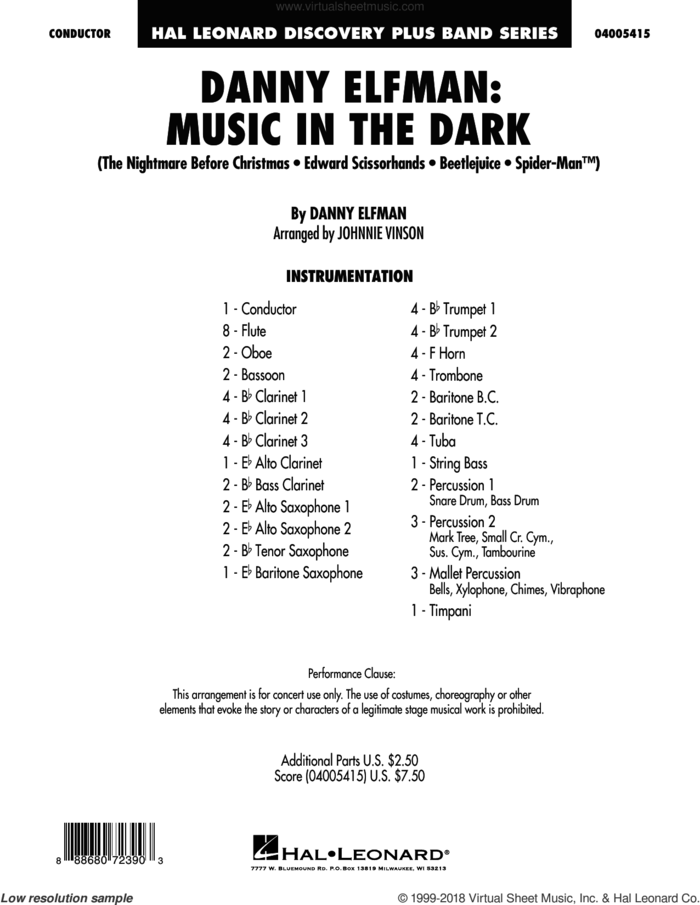 Danny Elfman: Music in the Dark (COMPLETE) sheet music for concert band by Johnnie Vinson and Danny Elfman, intermediate skill level