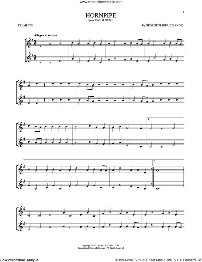 Hornpipe sheet music for two trumpets (duet, duets) by George Frideric Handel, classical score, intermediate skill level