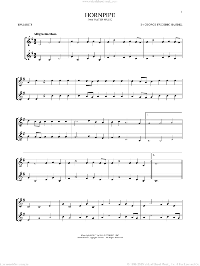 Hornpipe sheet music for two trumpets (duet, duets) by George Frideric Handel, classical score, intermediate skill level