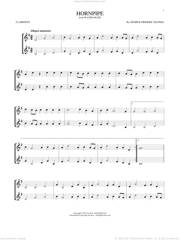 Hornpipe sheet music for two clarinets (duets) by George Frideric Handel, classical score, intermediate skill level