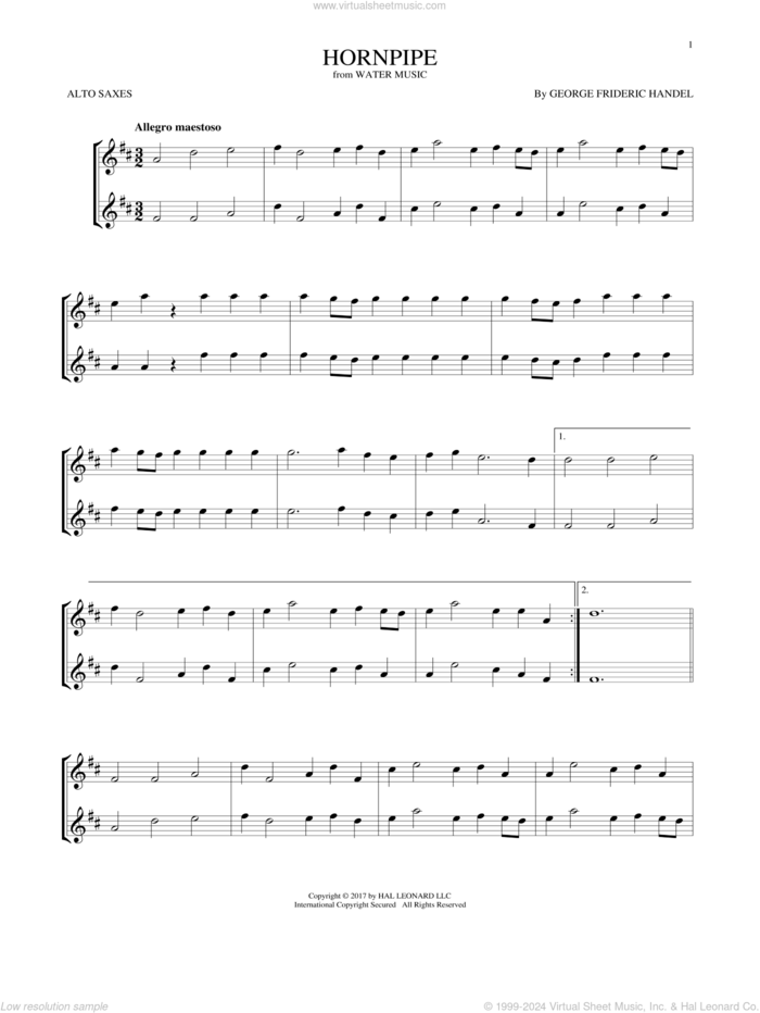 Hornpipe sheet music for two alto saxophones (duets) by George Frideric Handel, classical score, intermediate skill level