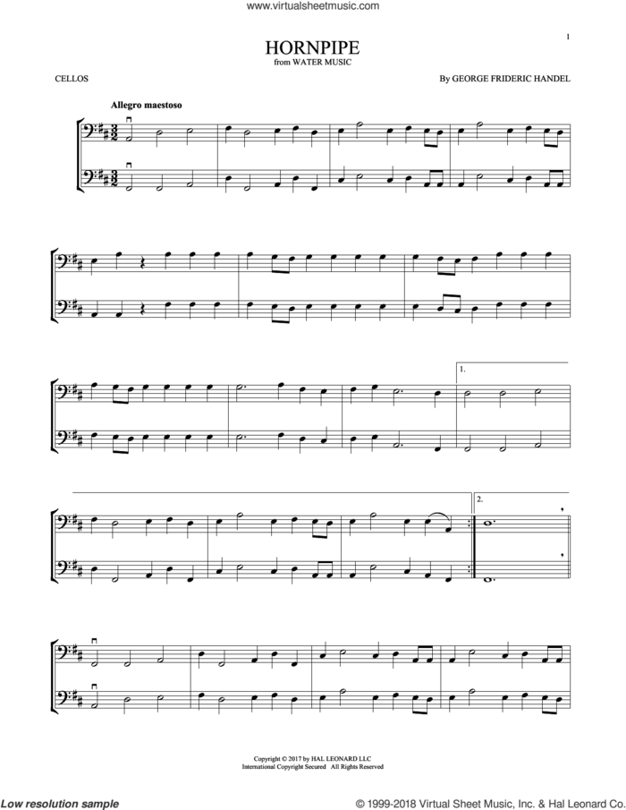Hornpipe sheet music for two cellos (duet, duets) by George Frideric Handel, classical score, intermediate skill level