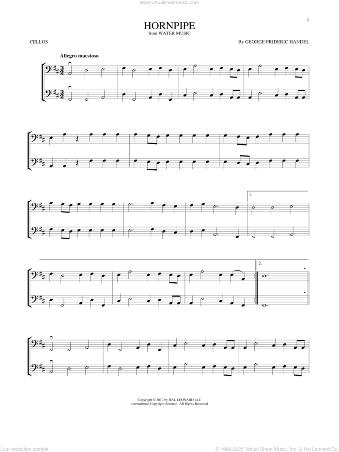 Hornpipe sheet music for two cellos (duet, duets) by George Frideric Handel, classical score, intermediate skill level